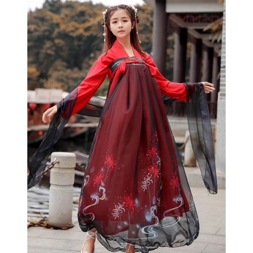 Women's chinese folk dance dresses  red with black Hanfu photography stage performance robes drama cosplay dress